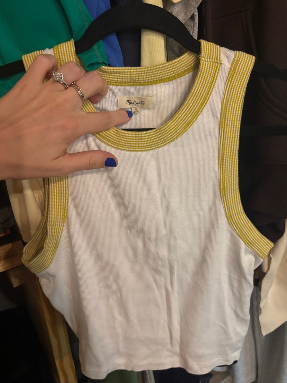 Madewell White Ribbed Tank with Yellow Trim